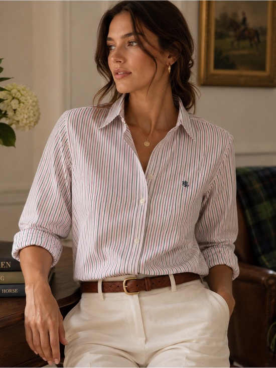 Ralph Lauren Tops - Lauren Ralph Lauren Shirt L Pink Black Pinstripe 100% Cotton Non Iron Preppy
